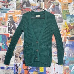 Hollister Green Textured Knit V Neck Button Front Cardigan Sweater XS
